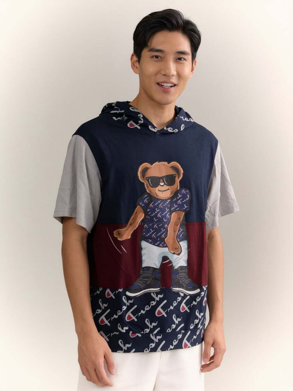 Vibes Fresh Bear Graphic Men's Short Sleeve Hooded T-Shirt Navy